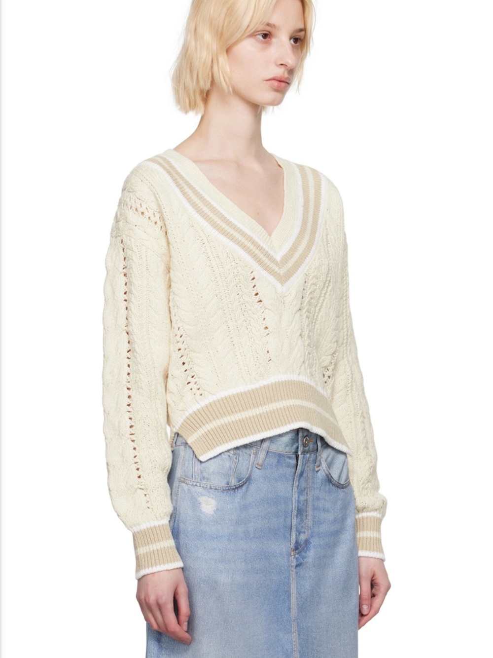 rag & bone Cream V-Neck Cable Knit Sweater with Tan Trim